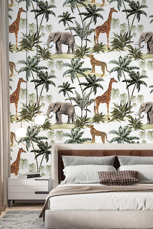 Vintage beautiful tropical with palm trees and animals